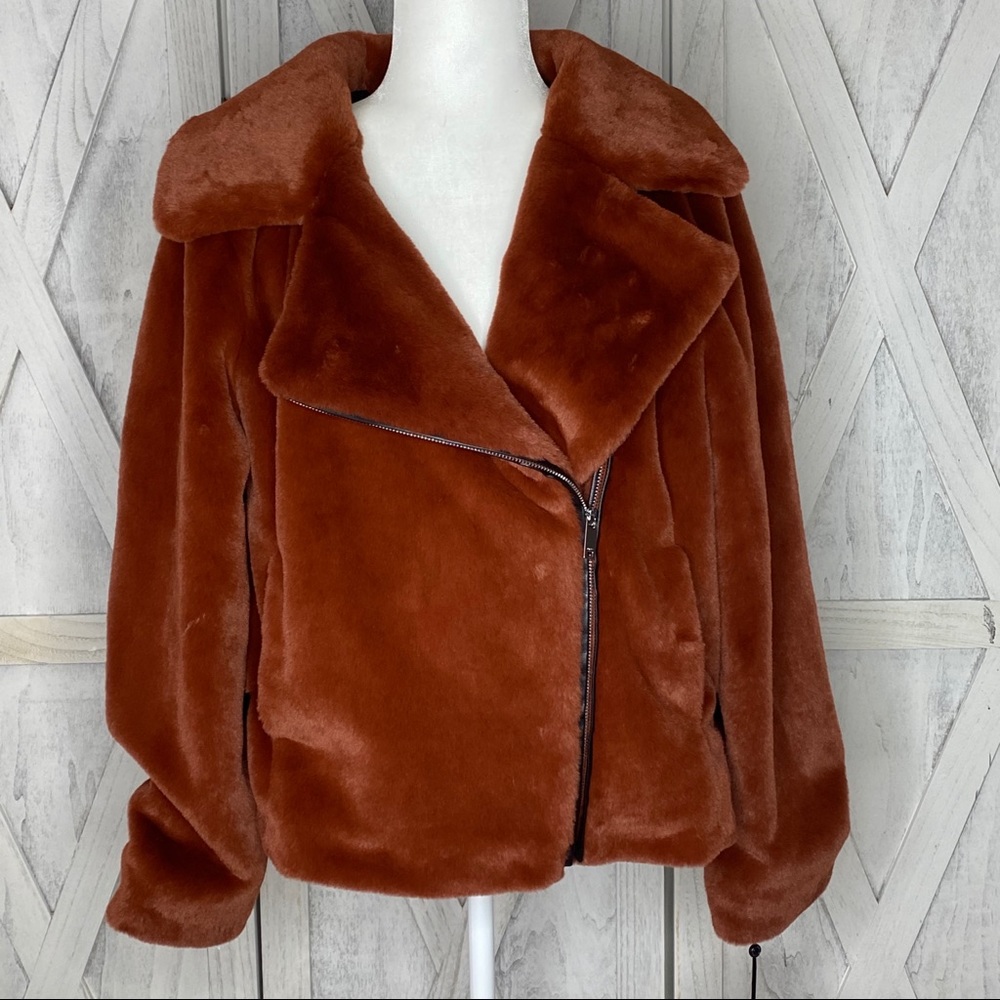 🌺DKNY Asymmetrical Rust Moto Faux Fur Jacket